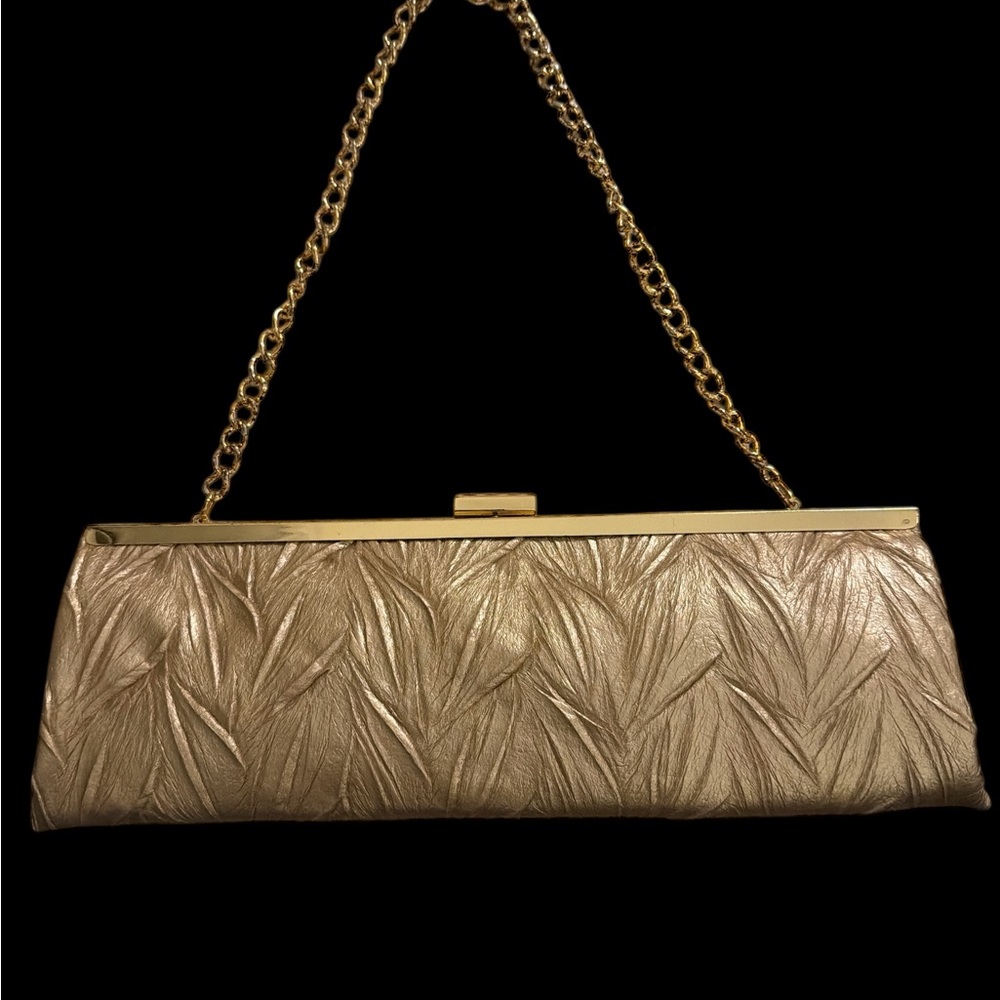Jessica McClintock Gold Pleated Evening Clutch Chain Strap Formal Bag